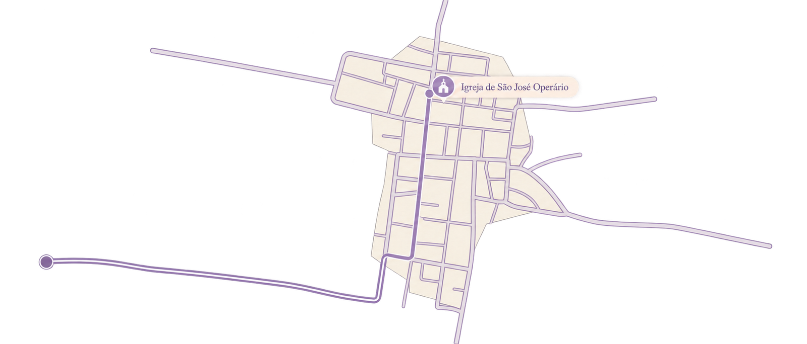 Mapa ilustrado das ruas com trajeto lavanda até a Igreja de São José Operário